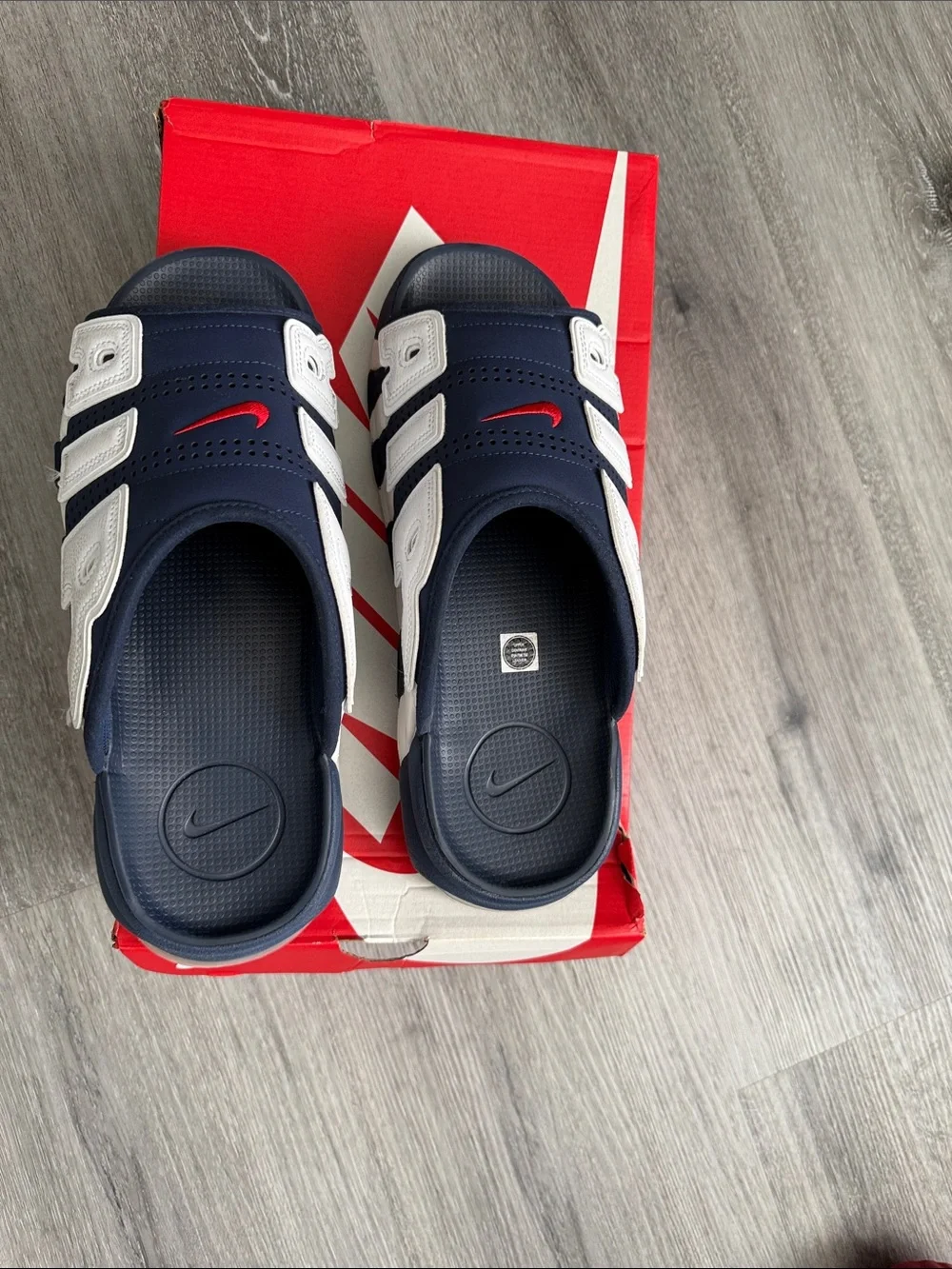 Nike Navy, White and Red Air More Uptempo Slide